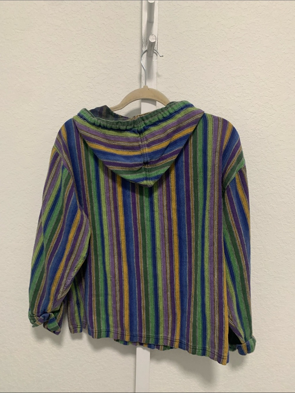 Vintage Bonjour Striped Hooded Pullover Sweatshirt Top - Green & Blue - Picture 5 of 7